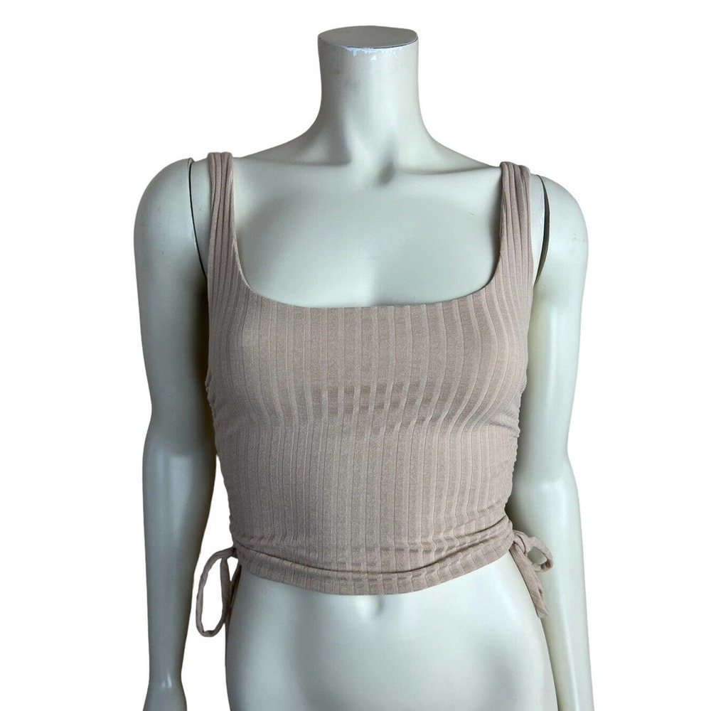 Audrey 3+1 Crop Top S Ruched Side Kalah Tank Ribbed Taupe Sleeveless OOTD Fash